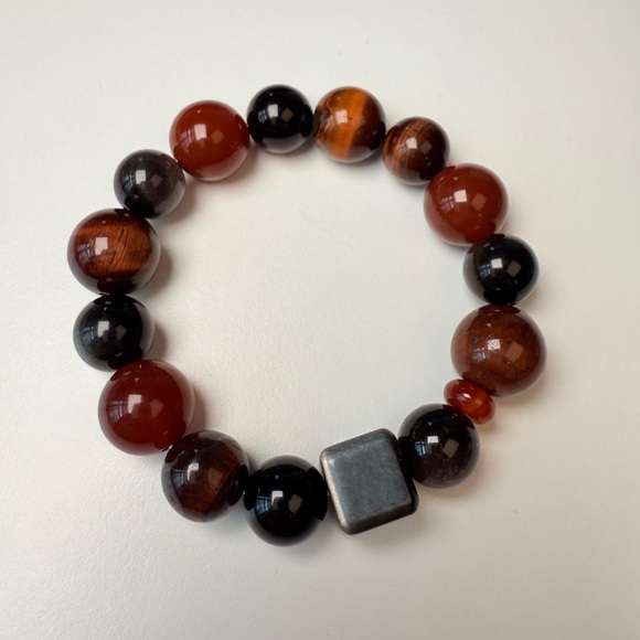 Red Agate × Tiger Eye × Obsidian Unisex Natural Stone Bracelet (15mm+)
